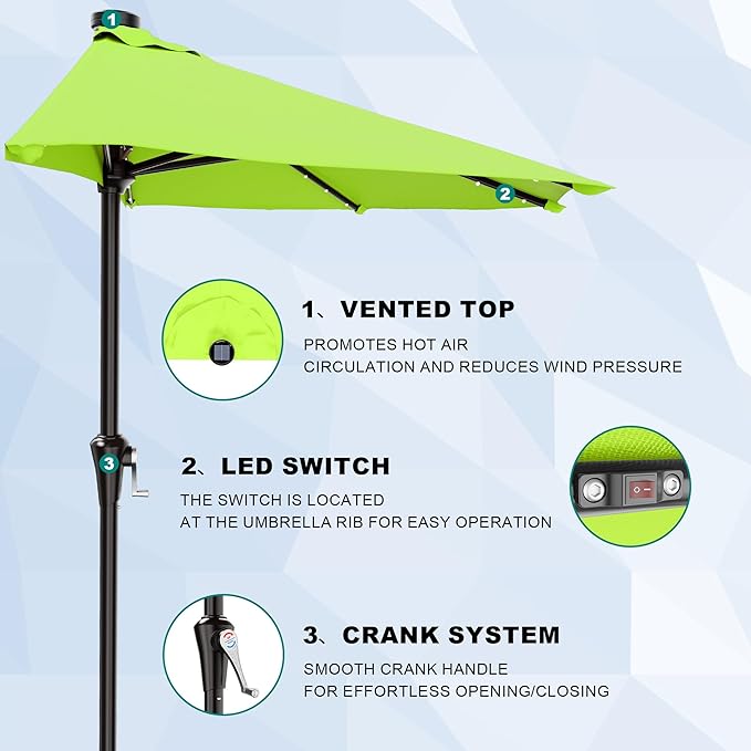 AreShark 9ft Patio Half Umbrellas with Solar Lights, 1/2 LED Half Outdoor Umbrella w/ 20 LED Lights, Lighted Table Wall Umbrella with Crank & 5 Sturdy Ribs for Market, Pool, Deck, Lawn and Garden, Apple Green