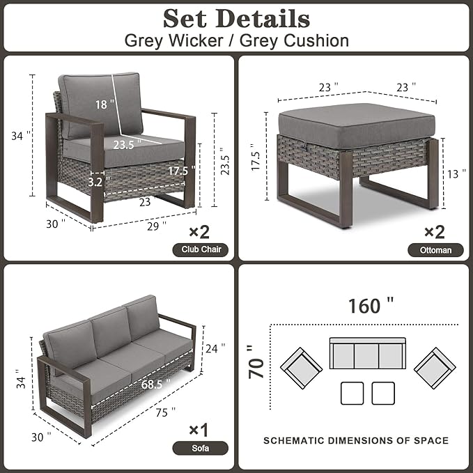 Belord 5 Piece Outdoor Wicker Patio Conversation Furniture Set Deep Seating, Metal Wide Armrests Patio Sofa Set with Rattan Chairs Ottomans for Porch Deck Sunroom Backyard
