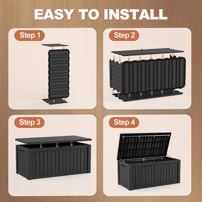 EFU Outdoor Storage Box 180 Gallon Deck Box (Indoor & Outdoor) Lockable UV Resistance Waterproof Resin Storage Bin Storage Box for Outdoor,Patio Storage With Support Rod(Black)