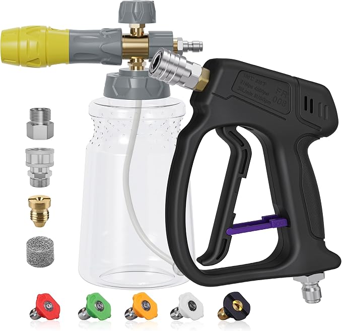 KONOSUBA Short Pressure Washer Gun with Swivel 4500PSI with Foam Cannon,2 Adapter,5 Pressure Washer Nozzles,1/4" Quick Connector,3/8'' Quick Connect, M22-14/15 mm Fitting (gun4500PSI with Foam Cannon)