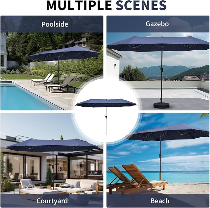 13 ft Patio Umbrella with Base, Large Rectangle Outdoor Umbrella with Matching Stand, Strap, Crank, Navy Blue