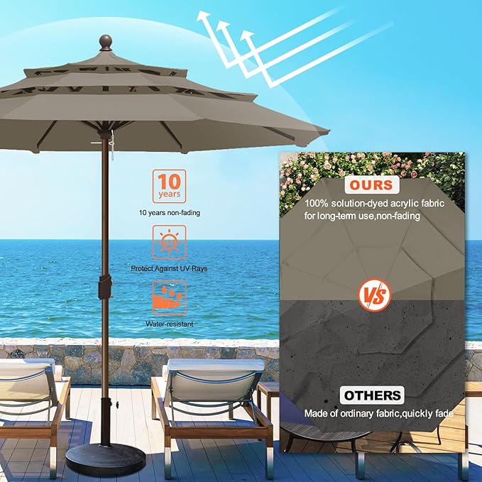 Eurmax USA 10-Year-Non-Fading 10FT 3-Tier Outdoor Patio Market Umbrella,UPF50+ UV Resistant,Heavy Duty Commercial Grade,Crank Lift Design,Windproof Vented Top for Garden,Pool,Deck,Taupe