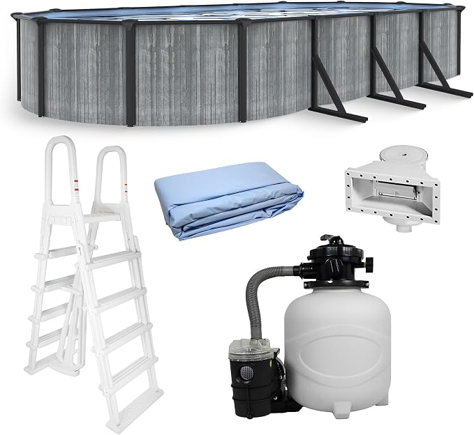 Blue Wave San Pedro 12x24-ft Oval 52-in Deep Hard Sided Steel Frame Above Ground Pool with 6-in Steel Top Seats, 0.5 HP Sand Filter System, Ladder, Skimmer & Liner – 6,300 Gallon Cap for Family Use