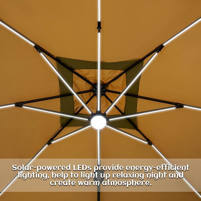 Sunnyglade 10x10ft Solar Powered LED Cantilever Patio Umbrella Square Deluxe Offset Umbrella 360°Rotation & Integrated Tilting System & LED lights for Market Garden Deck Pool Backyard Patio