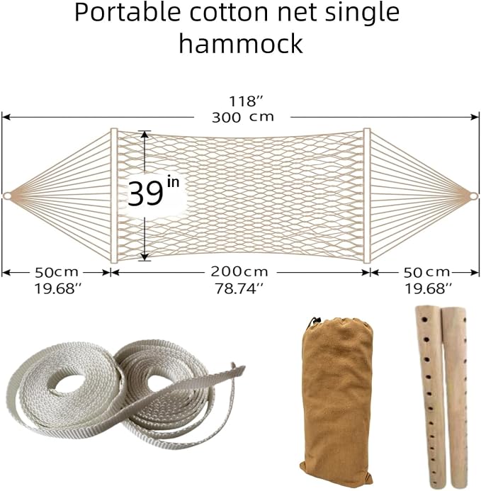 Portable Camping Hammock 79"x32" Anti-Rollover Mesh Hammock with Wooden Spreader Bar, Lightweight Hanging Hammock for Backyard Patio Travel Indoor Outdoor, White/Brown/Army Green