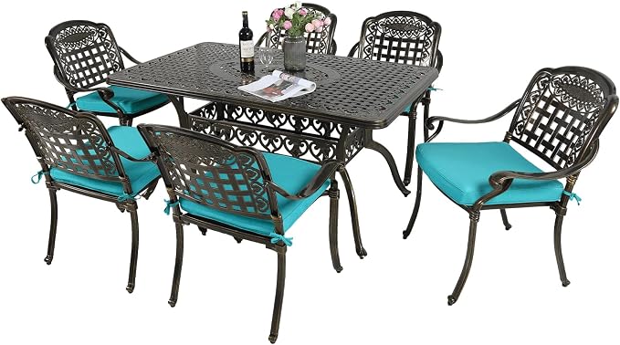 MEETWARM 7-Piece Outdoor Furniture Dining Set, All Weather Cast Aluminum Patio Garden Set with 6 Chairs, 6 Cushions, 1 Rectangular Table, 2" Umbrella Hole, Dark Bronze, Ocean Blue
