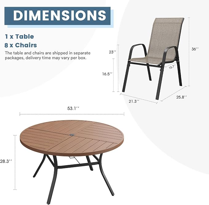 DIFY 9 Piece Outdoor Dining Set, 53" Walnut Round Metal Dining Table and Brown Textilene Stackable Patio Chairs, Patio Table and Chairs Set for 8 with Umbrella Hole for Backyard Garden Deck