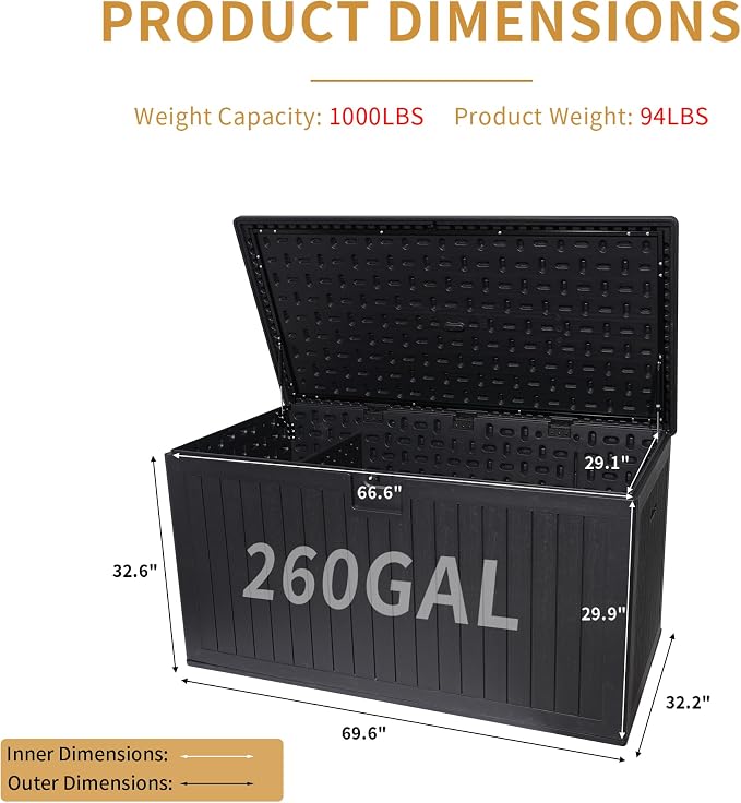 260 Gallon Deck Box Waterproof, Resin Outdoor Storage Box Extra Large Lockable with Divider and Lifter Prevent Water Seeping into from Floor for Patio Cushions