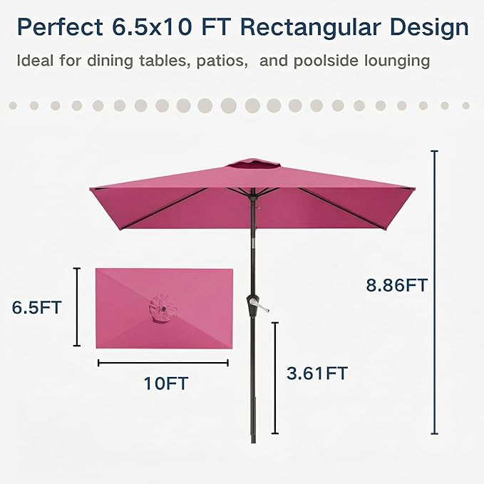 6.5' x 10' Rectangular Patio Umbrella Large Outdoor Market Umbrella w/UV Protection, Push Button Tilt and Crank Lift, Rectangle Table Umbrella for Garden, Deck, Pool, Patio, Rose Pink