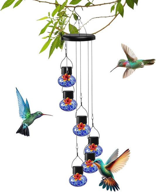 Solar-Powered Hummingbird Feeder with Wind Chime Elegance – 6 Leak-Proof Glass Ports, Frosted Design & Sea Night Lights – Perfect Outdoor Gift for Nature Enthusiasts
