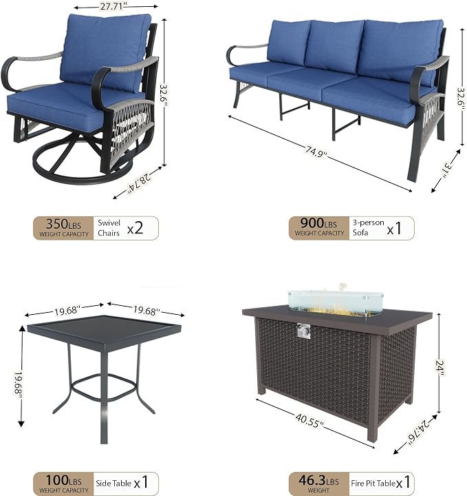 5 Pieces Patio Furniture Set, Metal Outdoor Conversation Sets with Fire Pit Table and Swivel Chairs for Backyard Garden Deck Porch Poolside (Thick Blue Cushions)