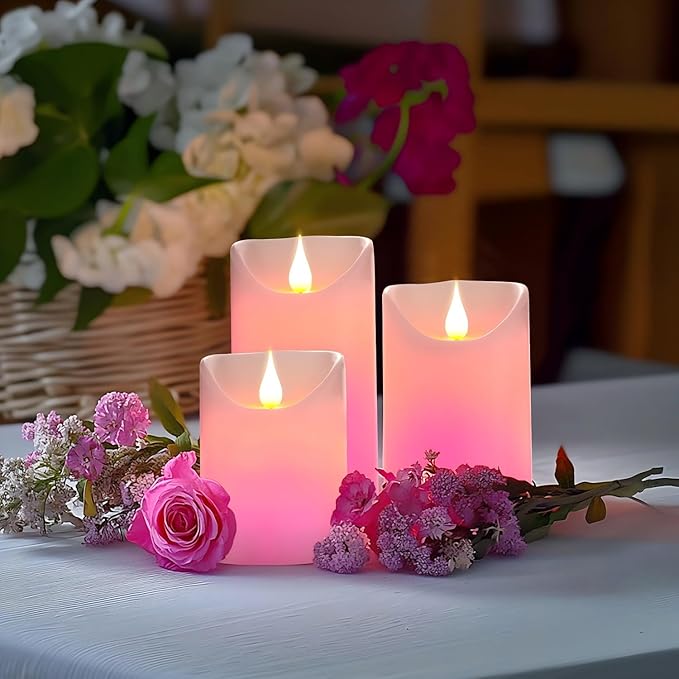 Flameless LED Color Changing Candles, Battery Operated Candle with Remote Control and Timer, Realistic Flame, Dimmable, Pillars for Christmas Party Decoration, D3''xH4''5''6'', 3Pcs