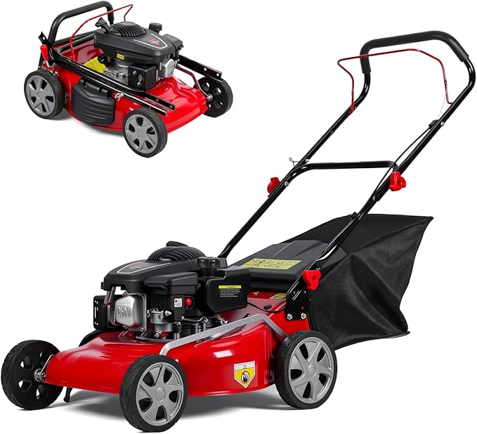 Self-Propelled Gas Lawn Mower, 131cc Engine, 18" Cutting Width, 50L Grass Catcher, Rear-Wheel Drive, Adjustable Cutting Height, Ergonomic Handle for Uneven Ground & Large Yards