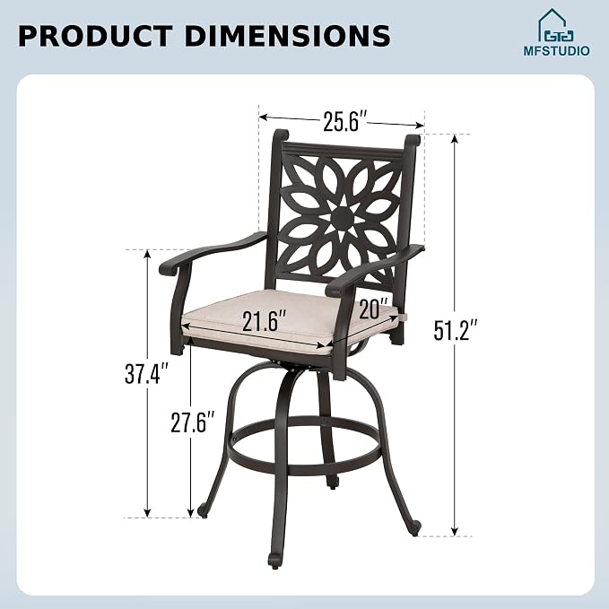 MFSTUDIO Outdoor Barstools Set of 2, Cast Aluminum Swivel Outdoor Bar Chairs, Bar Height Patio Chairs with Extra Wide Seat and Cushion, Brown, 350lbs