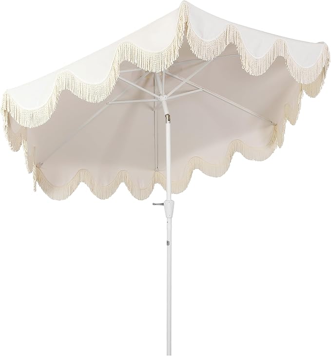 JONATHAN Y UMB1001 Collins 9 ft. Classic Cottage Tassel Market Patio Umbrella with Auto-Tilt, Crank, Wind Vent and UV Protection