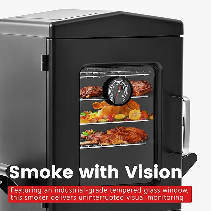 Propane Smoker,Vertical Outdoor Smoker with Cover and Temperature Control Knob,Heavy Duty View Window Gas Smoker for Outdoor Cooking, Patio, Garden Barbecue