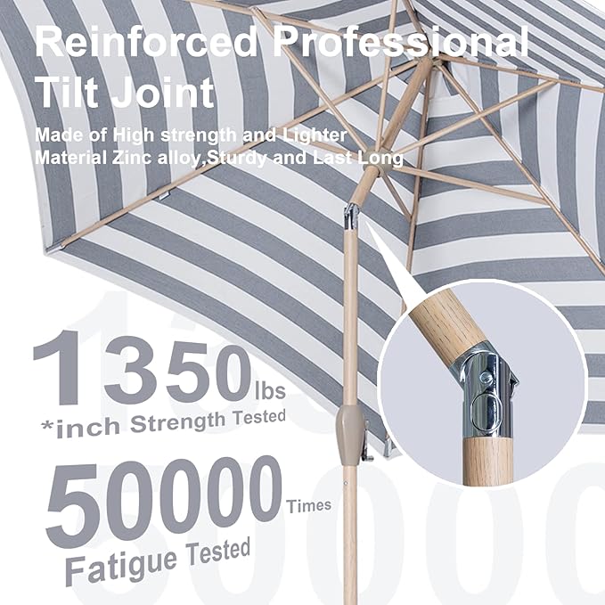 Tempera Striped Patio Umbrellas Outdoor Table Market Umbrellas with Crank & Pust Button Tilt|Auto-Tilt, 8 Steel Ribs, High Color-Fastness Canopy