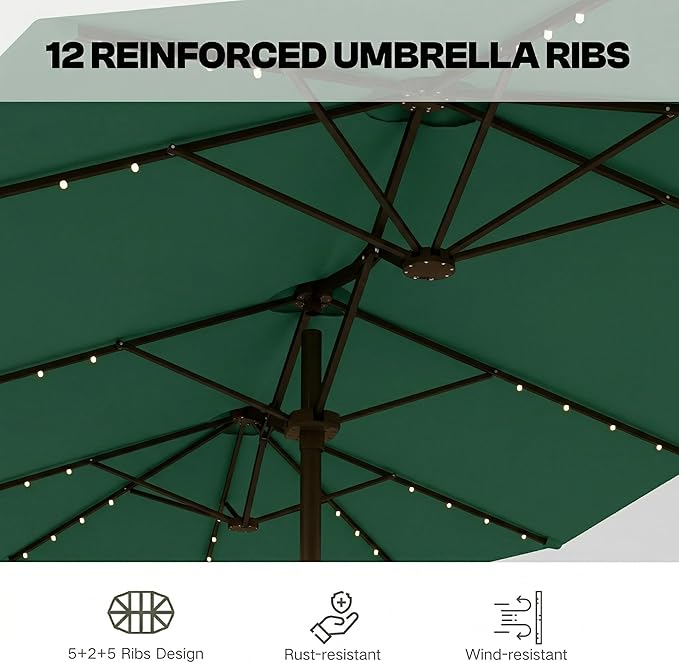 Large Patio Umbrella with Solar Lights and Base, Double-Sided Outdoor Rectangle Umbrella with 48 LED Lights, Market Table Umbrellas with UV Resistant Canopy
