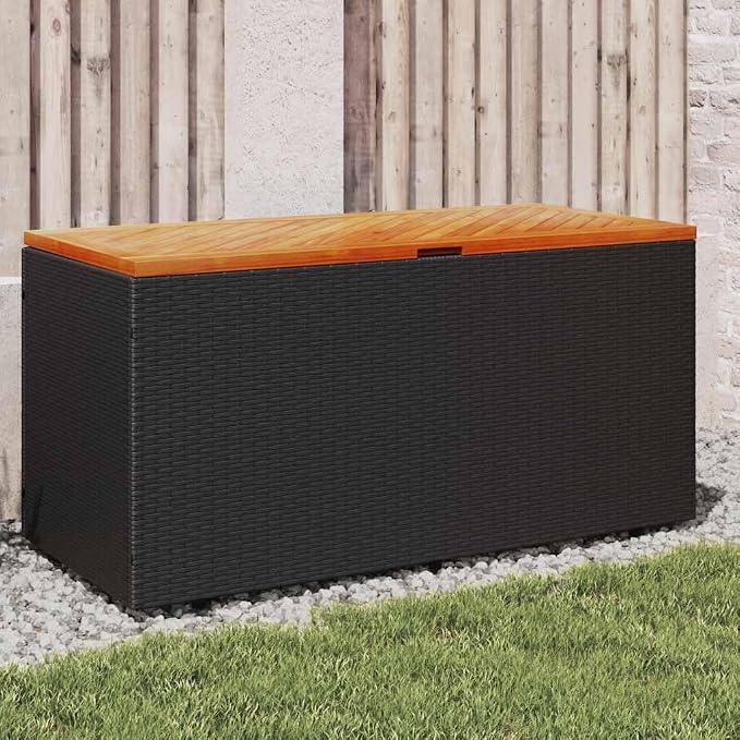 vidaXL Patio Storage Box, Bench Seat with Gas Spring Lid, Outdoor Storage Container for Toy Cushion Blanket, Black Poly Rattan Acacia Wood