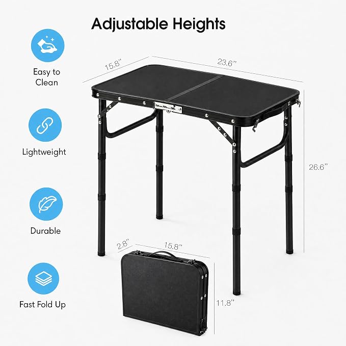 YUFIFAIRY Small Folding Table Portable, 24''L x16''W Foldable Camp Table with 3 Adjustable Height, Indoor Outdoor Lightweight Aluminum for Outdoor Cooking Picnic All Black Table(10"/19"/27.5"