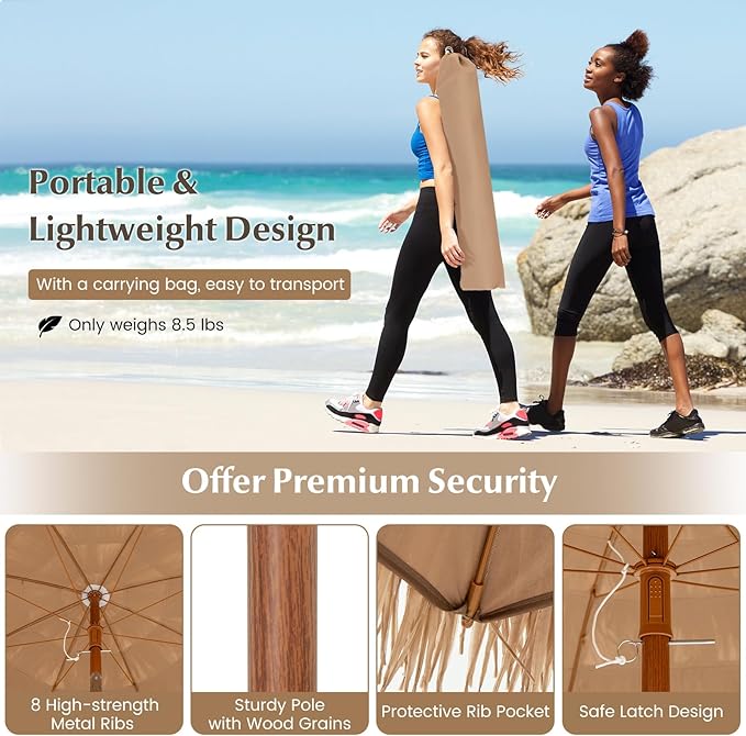 RELAX4LIFE 6.5FT Tiki Patio Umbrella with Base - Hawaiian Style Tilt Beach Umbrella w/8 Ribs, Foldable Stand, Carry Bag, Tropical Palapa Grass Pool Umbrellas, Hula Thatched Tiki Umbrella Outdoor Patio
