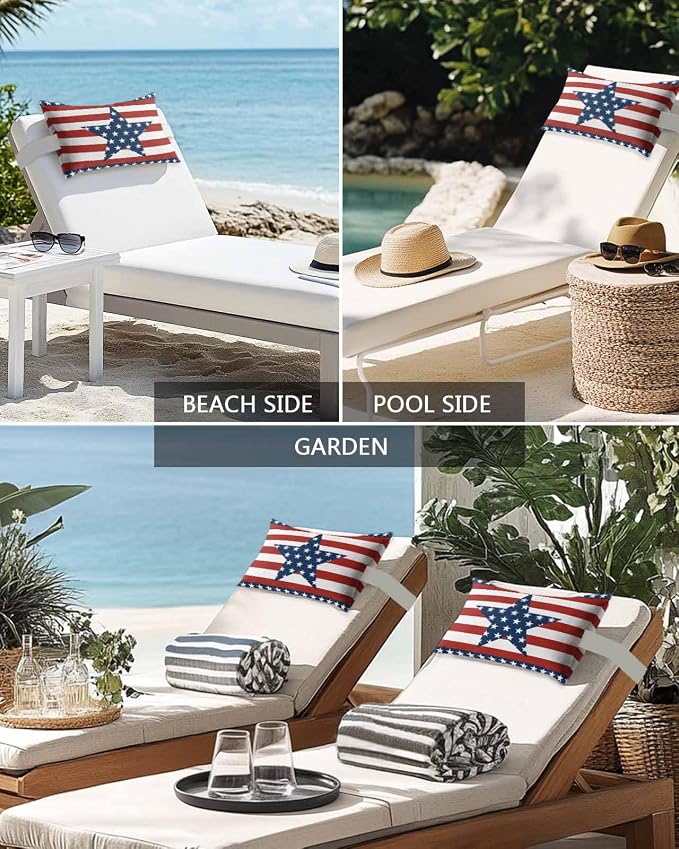 Outdoor Lumbar Pillows with Adjustable Band,Independence Day Chic White Star on Blue Waterproof Recliner Throw Pillow Chaise Lounge Cushion with Insert for Beach,Graden Red White Stripes 1 Pack