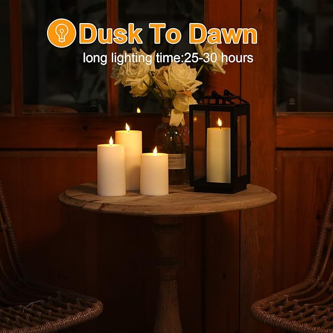 VIODAIM Solar Candles Outdoor Waterproof: Flameless Flickering Pillar LED Candles Set of 3 Dusk to Dawn Rechargeable Sensor Lights 3x4/5/6 Inch White