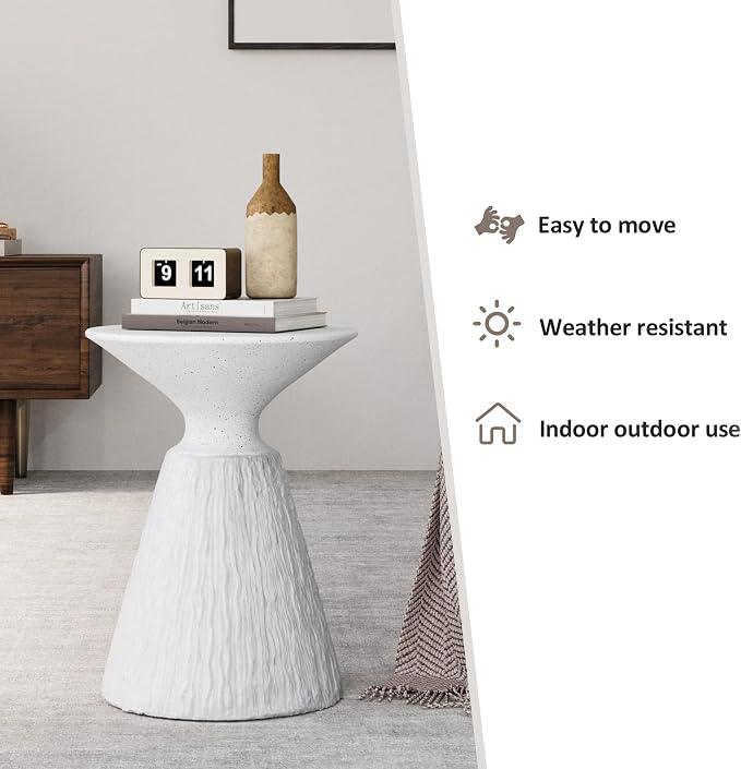 HOMPUS Outdoor Side Table, Mushroom Shaped MgO End Table, Lightweight Concrete Accent Table, Patio Coffee Table, Modern Vintage Small Garden Table Unique Plant Stand for Indoor Outdoor Use, White