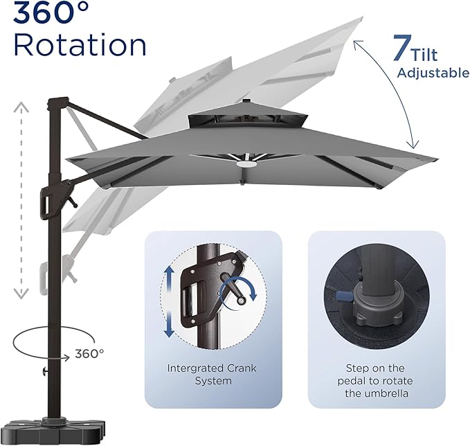 Deconk 10' X 13' Patio Umbrella with LED Lights Outdoor Cantilever Large Rectangle Offset Umbrellas Heavy Duty Aluminum Double Top with 360-degree Rotation for Pool Garden Deck, Grey