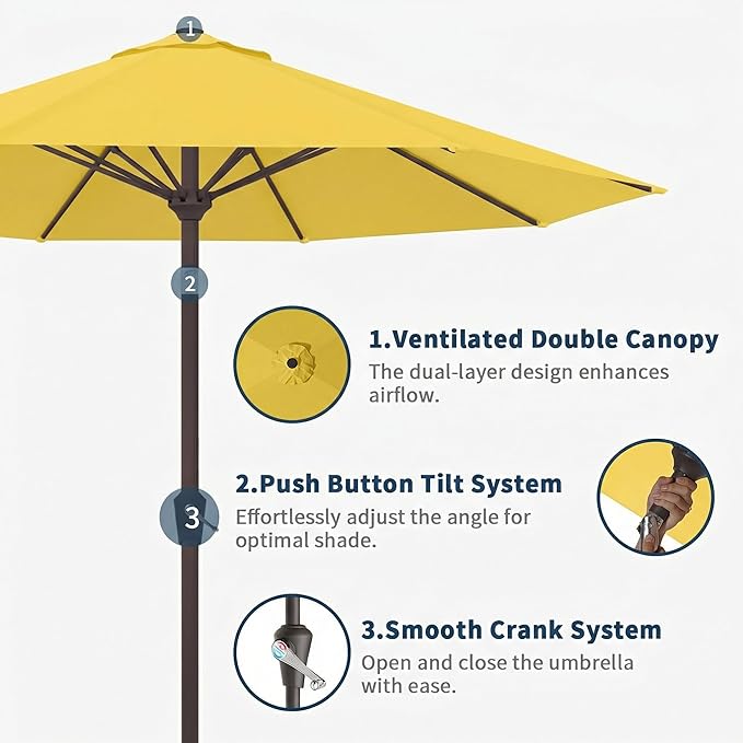 10FT Patio Umbrella Outdoor Market Umbrella with Crank and Tilt, 8 Flexible Fiberglass Ribs, UV-Resistant Waterproof Canopy for Patio, Deck, Garden, Backyard, Sunshine Yellow