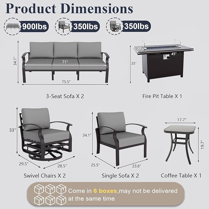 ALAULM Aluminum Patio Furniture Set with Propane Fire Pit Table - 10-seat Metal Outdoor Furniture w/Fire Pit Patio Sectional w/5.1" Cushions for Backyard, Poolside - Grey