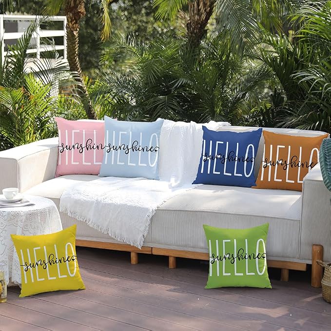 DFXSZ Sky Blue Outdoor Waterproof Pillow Covers 18x18 Set of 2 | Hello Sunshine Decor Spring Summer Polyester Pillow Covers(NO INSERTS)| Decor for Patio Funiture Garden Sofa Couch