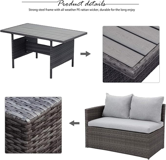 Solaste 7 Piece Patio Furniture Set, All Weather Wicker Patio Conversation Sets with Cushion Seat & Pillows, Outdoor Dining Set, Patio Furniture Outdoor Sectional, Light Grey