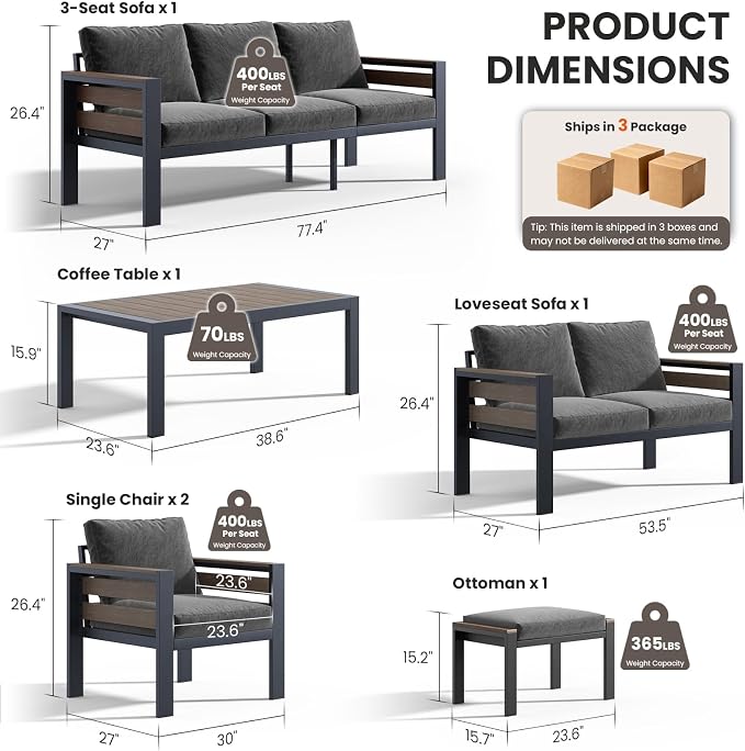 SUNYRISY Aluminum Outdoor Patio Furniture Set with Coffee Table, 7 Piece Metal Outdoor Modern Conversation Sets with Thick Cushions, Sectional Sofa Couch Set for Porch, Deck, Backyard