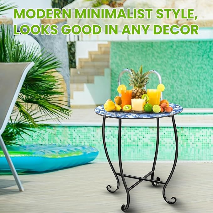 Patio Side Tables, 14"" Indoor Outdoor Metal Side Table for Poolside Bistro Balcony Yard Porch Bedside, Weather Resistant Metal Accent Table for Indoor Outdoor Use, Easy Assembly (Blue)