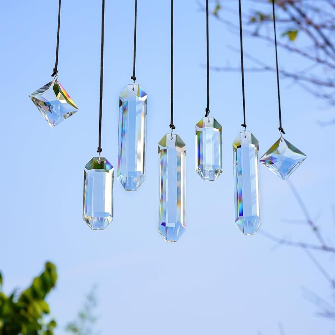Set 7 Clear Crystal Prisms Suncatchers Window Hanging, Modern Grief Gift | Hanging Crystals,Glass Ornament For Christmas Tree,Rainbow Maker,Sun Catcher Indoor Window,Home Garden Decoration,Glass Prism