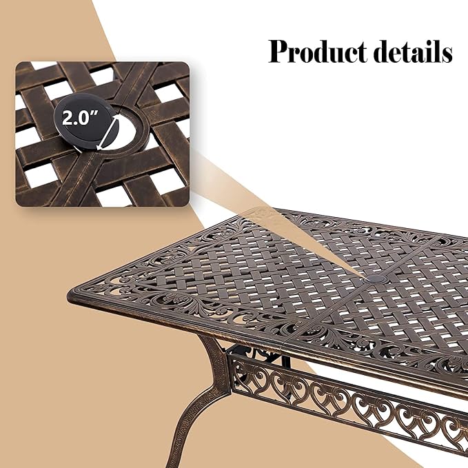 TITIMO 7-Piece Cast Aluminum Patio Furniture Set, Outdoor Patio Dining Set Bistro Conversation Set, All-Weather Rectangular Table w/Umbrella Hole (Khaki-Fixed Grid Chair, 7 Pcs)