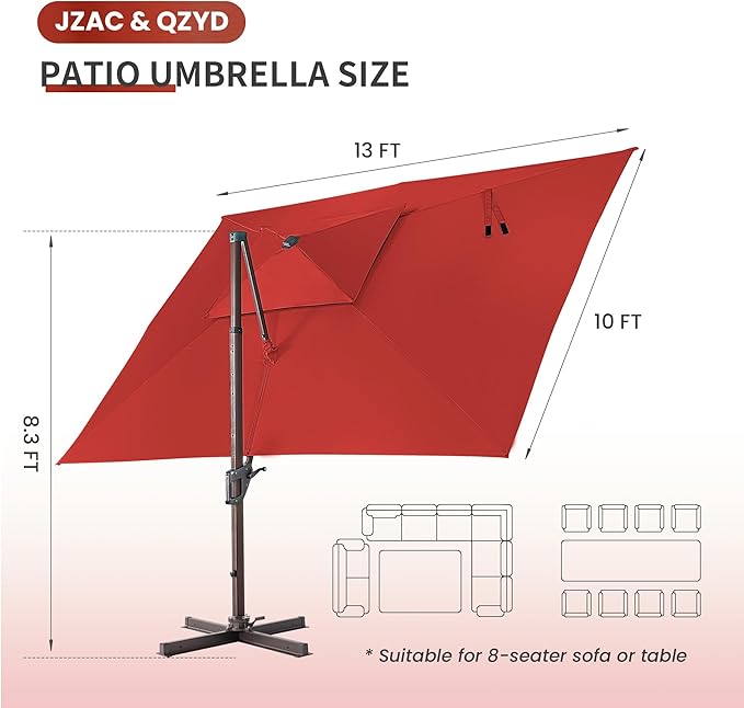JZAC & QZYD 10X13 FT Outdoor Cantilever Patio Umbrella with LED Lights, Large Heavy Duty 2-Tier Aluminum Offset Umbrellas with 360-Degree Rotation for Pool Deck, Red