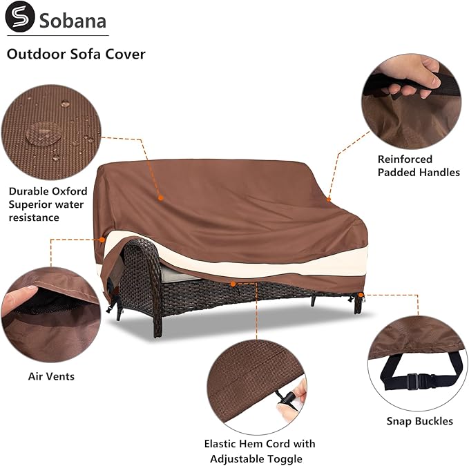 2-Seater Patio Sofa Covers, Outdoor Couch Cover Fits up to 58" W x 32.5" D x 31" H, Heavy Duty Waterproof Patio Furniture Covers,Brown