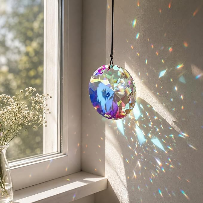 YU FENG 3 Inch Round Crystal Prism Suncatcher, AB Color Rainbow Maker | Faceted Crystal Pendant, Window Hanging Ornament, Chandelier Decor, Christmas Tree Decoration