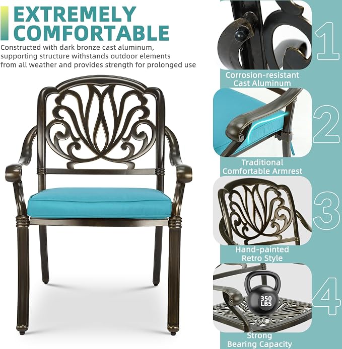 MEETWARM 7-Piece Outdoor Patio Dining Set, 6 Outdoor Dining Cushioned Chairs and 1 Rectangle Table with 2" Umbrella Hole, All Weather Cast Aluminum Patio Funiture Set for Backyard, Ocean Blue