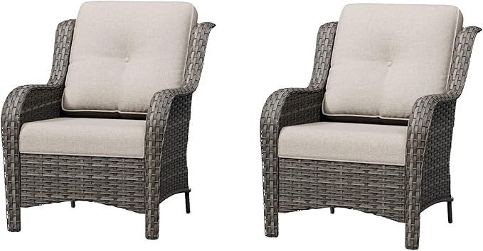 Patio Chairs Set of 2, Outdoor Wicker Patio Furniture Set with Thickened Olefin Cushions, High Back and Deep Seating, Wide Curved Armrest Hand-Woven PE Rattan for Porch, Deck, Beige