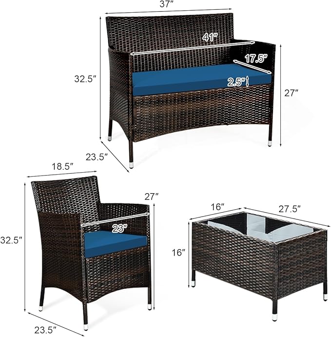 Tangkula 4 Pieces Patio Rattan Conversation Set with Tempered Glass Coffee Table & Thick Cushion, Wicker Set for Garden, Lawn, Poolside and Backyard