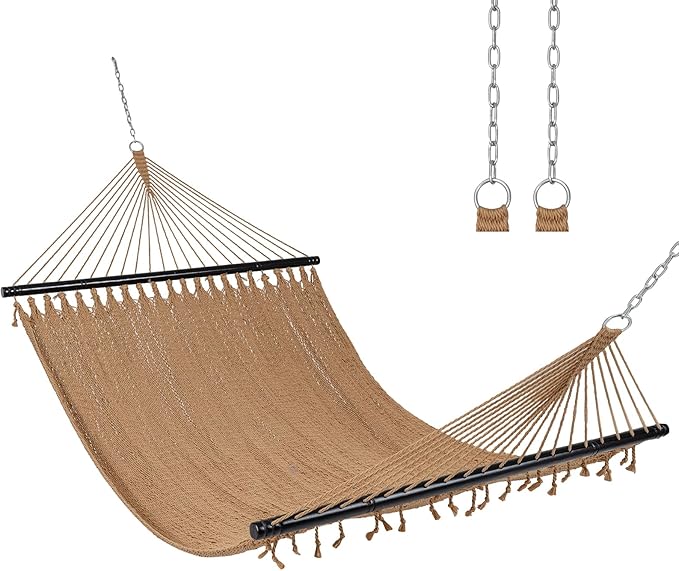 Tangkula 10.5FT Caribbean Double Hammock, Heavy Duty Portable Hammock with Curved Spreader Bars, Soft-Spun Polyester Rope, 2 Person Outdoor Hammocks for Outside, 600 lbs Max Load