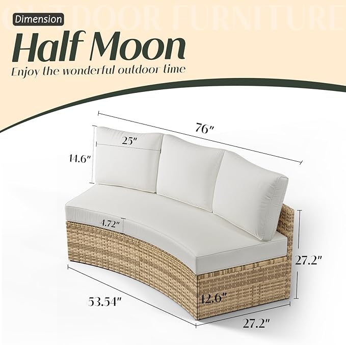 PaPaJet Patio Conversation Set, 3 Piece Half-Moon Sectional Round Patio Furniture Set, Wicker Sofa Set, for Backyard Patio Garden, Beige