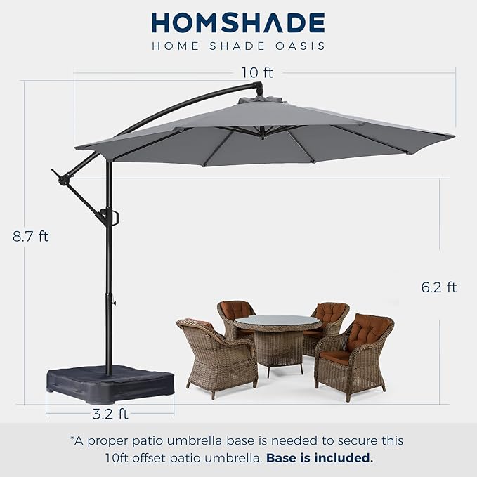 HOMSHADE 10ft Offset Patio Umbrella with Base Included, Cantilever Hanging Outdoor Market Umbrella UPF50+ UV Protection with Easy Tilt and Crank for Pool Deck and Garden (Grey)