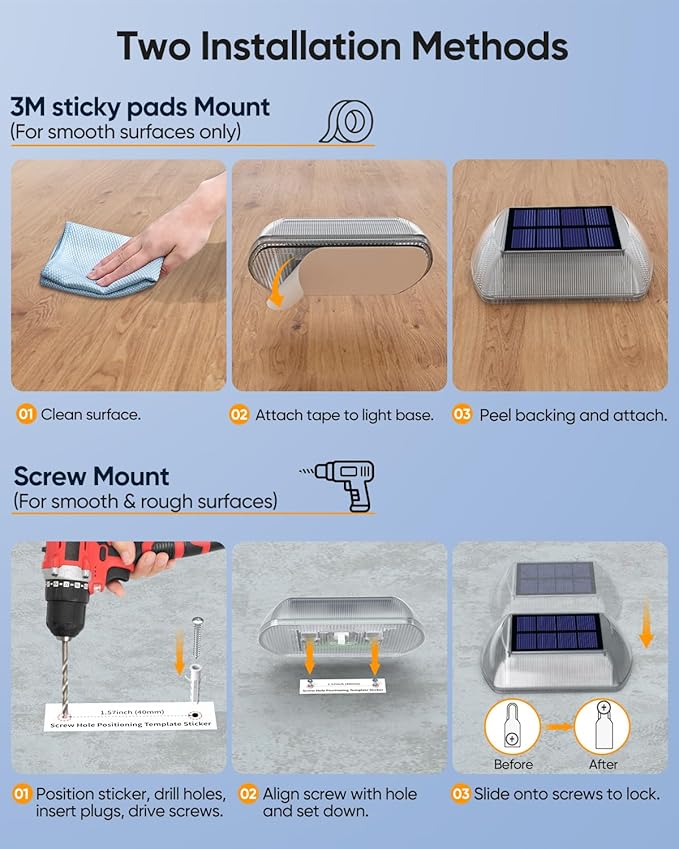 DetarZinLED Solar Driveway Lights Outdoor, 8 Pack IP68 Waterproof Dock Deck Lights Solar Powered, Stick on & Screw Blue Markers Light for Pathway, Walkway, Sidewalk, Patio, Pool Deck, Garage Entrance