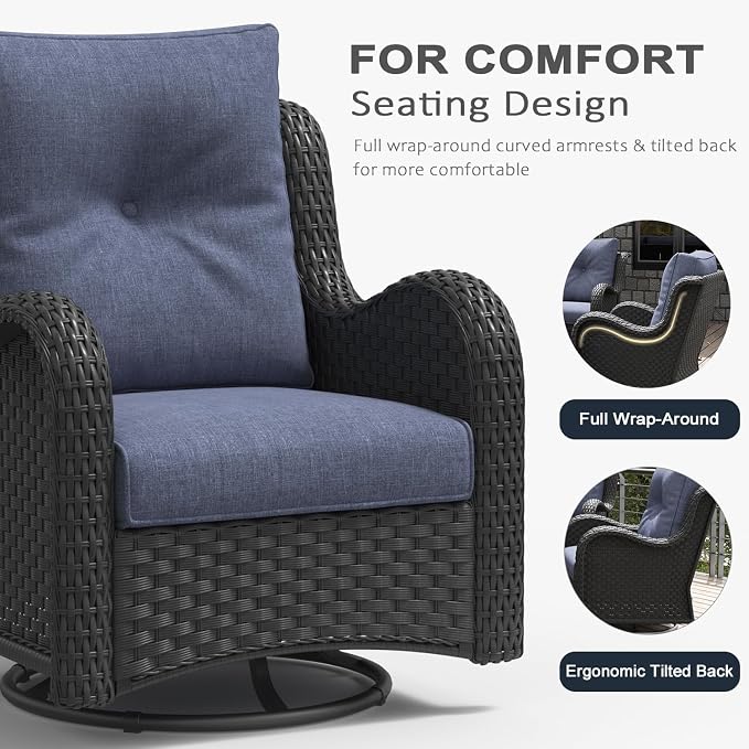 LayinSun 5 Pieces Outdoor Patio Furniture Set with Fire Pit Table, Rattan Wicker Sectional Swivel Rocker Chairs Sets with Swivel Glider Chair and Coffee Table