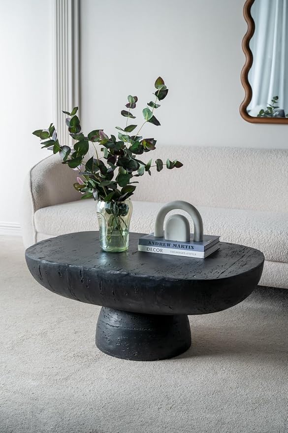 36" Faux Stone Coffee Table for Living Room Oval Coffee Table for Indoor or Outdoor, Modern Travertine Concrete Pattern Center Tables Side Tables, Magnesium Oxide, No Assembly,Black