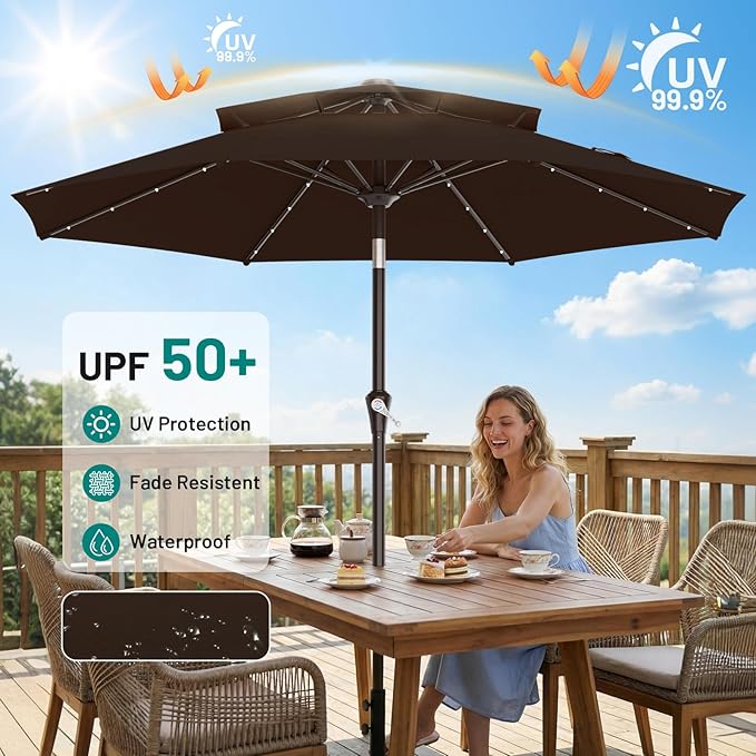 AreShark 9ft 2 Tiers Patio Umbrella with Solar Lights, Outdoor Umbrella w/ 32 LED Lights&8 Sturdy Ribs, Table Umbrella for Deck, Backyard, Pool(Dark Brown)